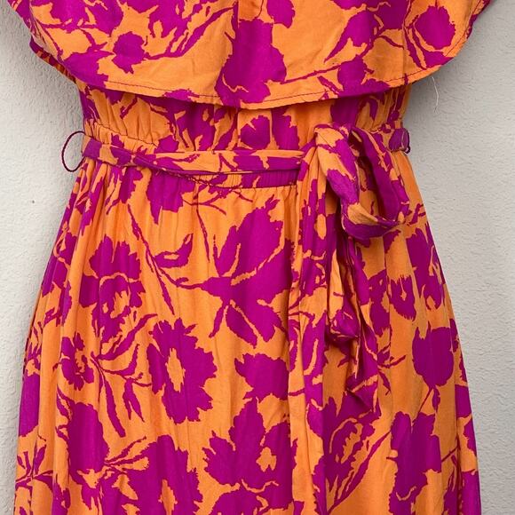 Flying Tomato Boho Maxi Dress M Off‎ Shoulder Belted Orange Pink Floral - Picture 5 of 6